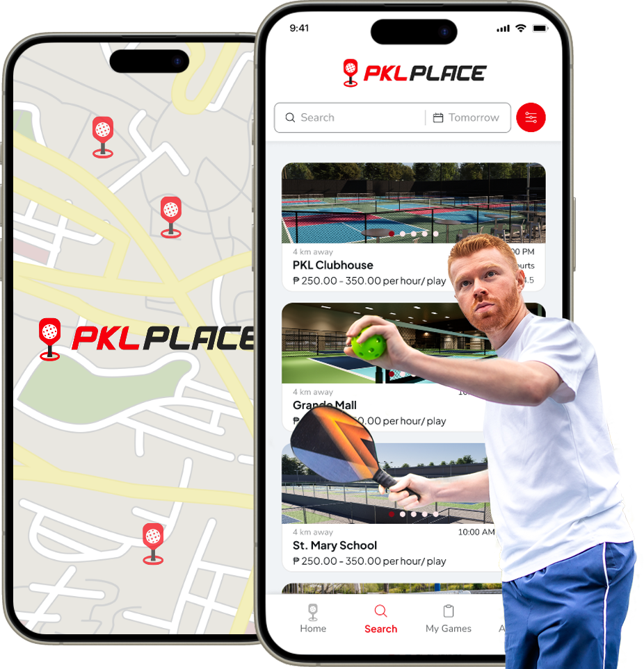 Pickleball guy in front of the PKLPlace app screenshots