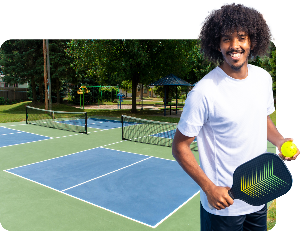 Pickleball guy in front of a pickleball court