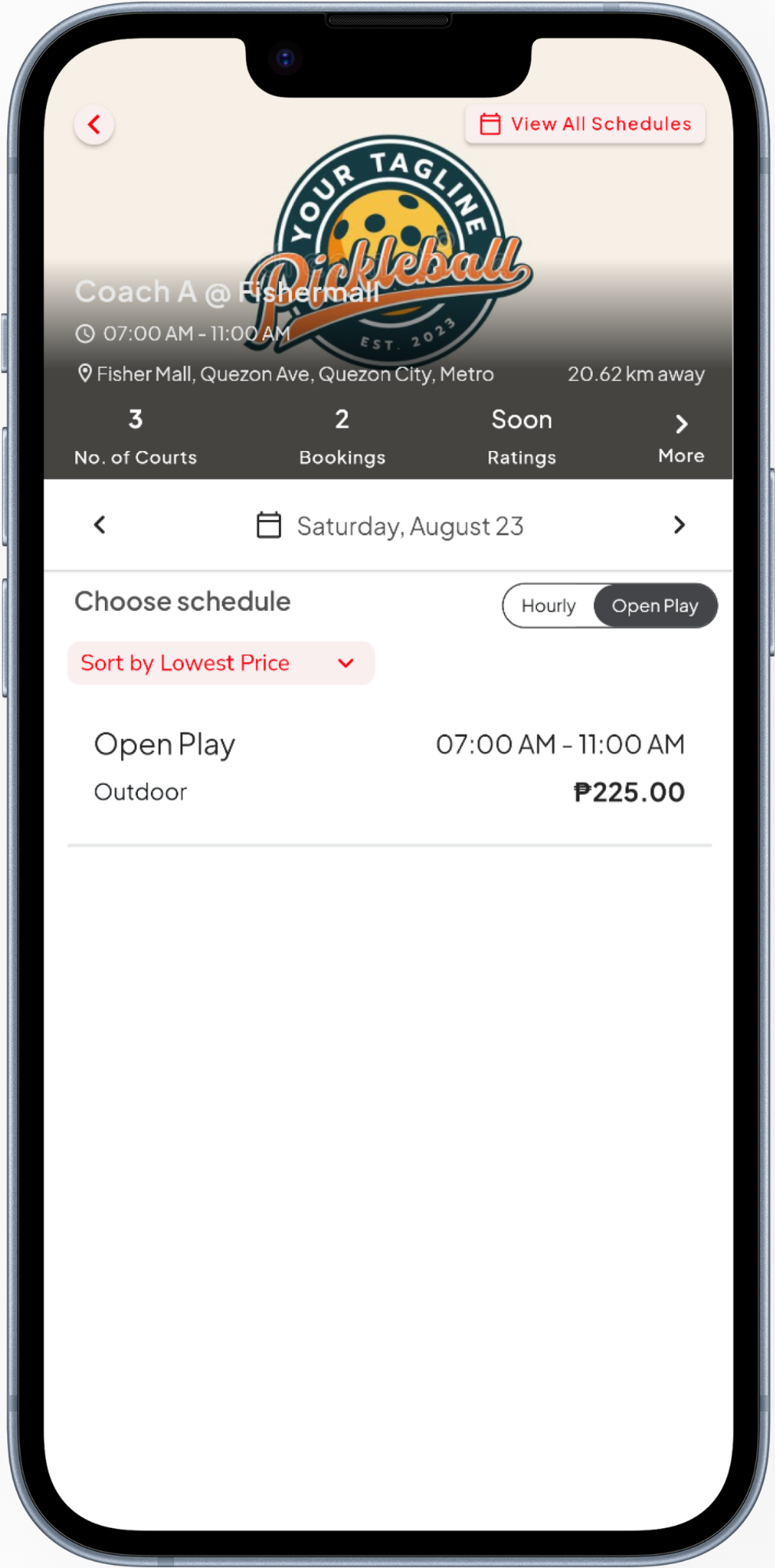 PKLPlace app screen showing pickleball court booking