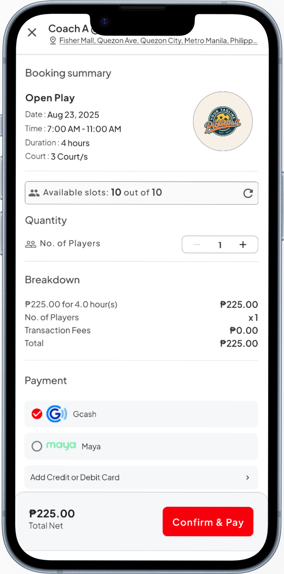 PKLPlace app screen showing pickleball court booking