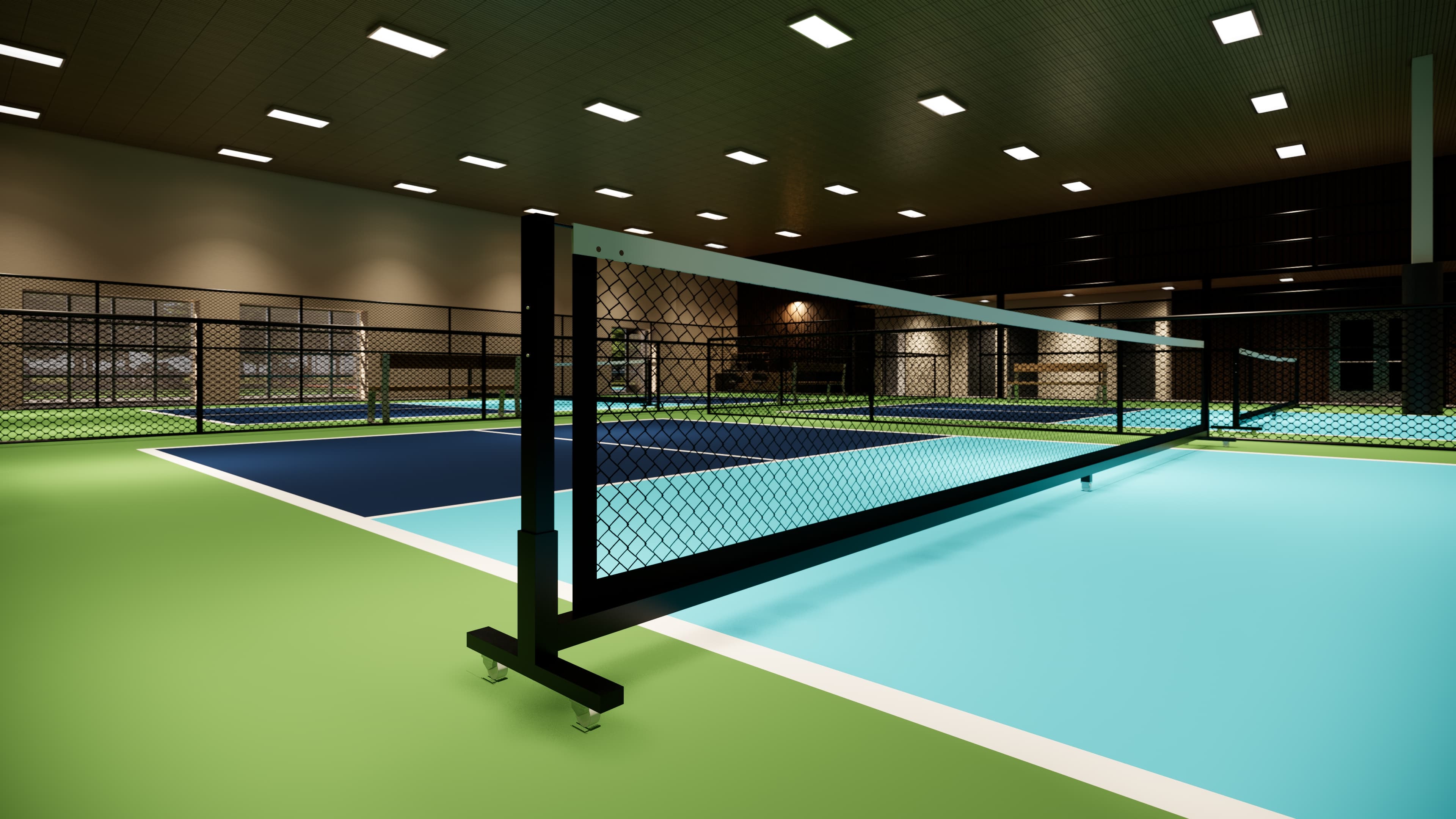 Empty pickleball courts close-up on the net