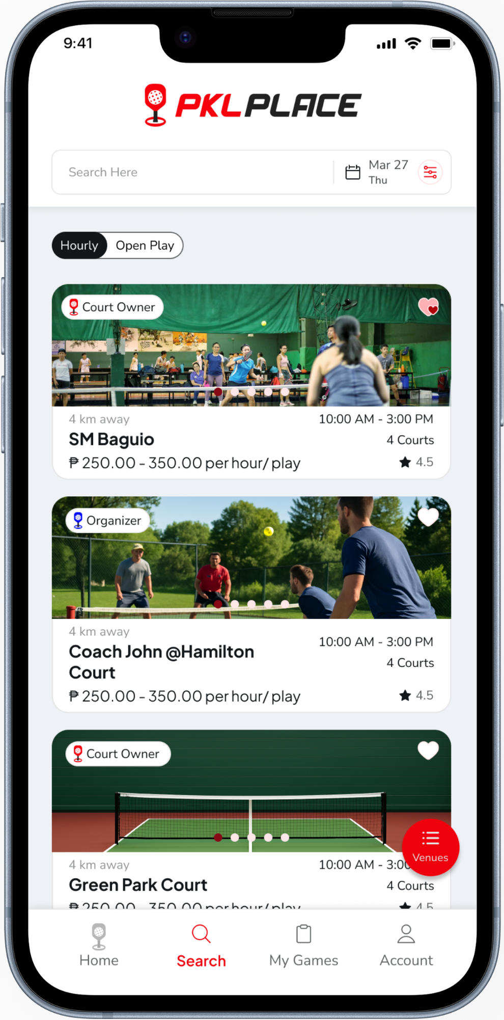 PKLPlace app screen showing pickleball court venues