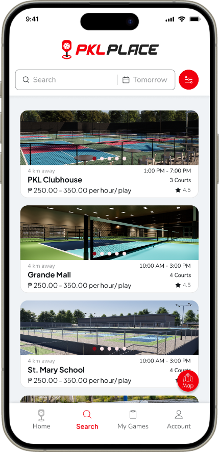 PKLPlace app screen showing pickleball court venues